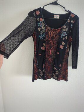 Edista Vintage Floral Lace 3/4 Sheer Sleeve Top Medium Y2K Whimsy Fairycore